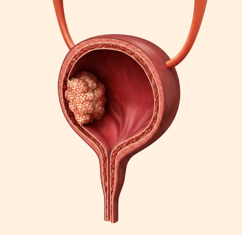 A detailed illustration of a bladder with a tumor depicted inside.