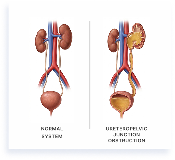 Illustration comparing a normal urinary system with a ureteropelvic junction obstruction.