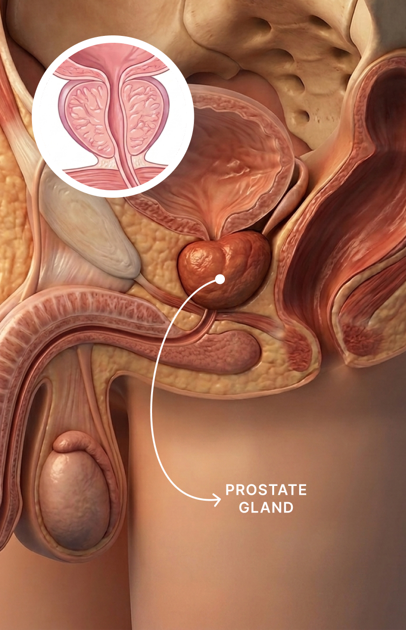 An anatomical illustration showing the prostate gland and surrounding structures in the male reproductive system.