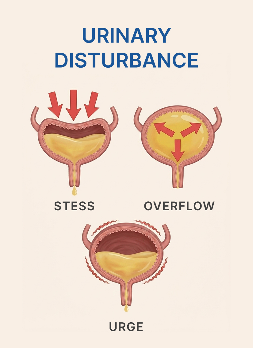 Illustration depicting three types of urinary disturbances: stress, overflow, and urge.